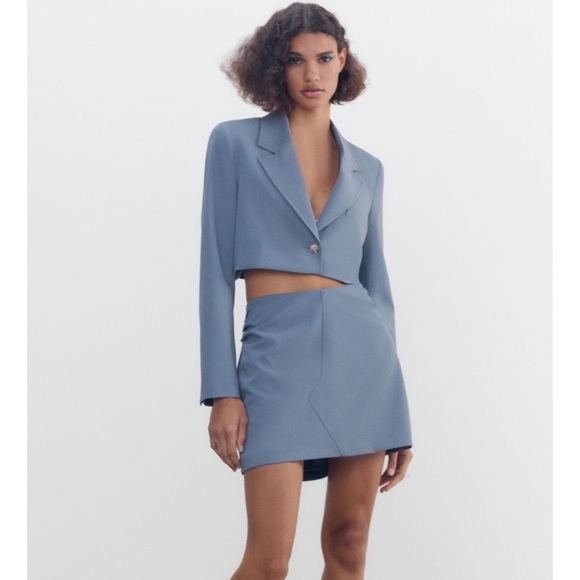 ZARA 2 Piece Topstitched Blazer + Skirt Blue - Picture 6 of 12